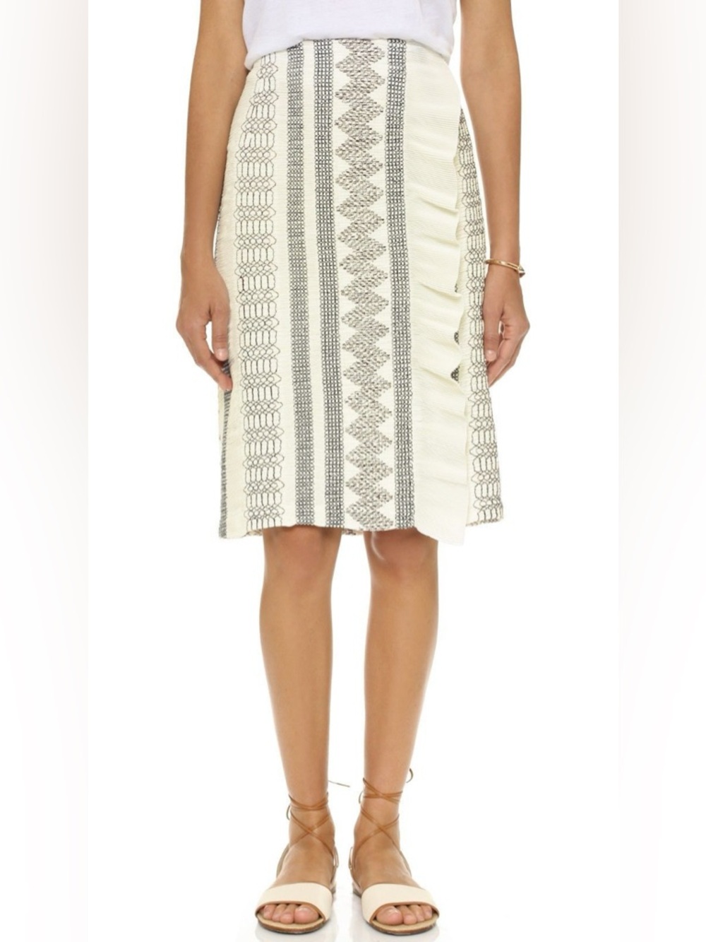 TORY BURCH Ivory Embroidered Smocked Ruffle Pencil Skirt